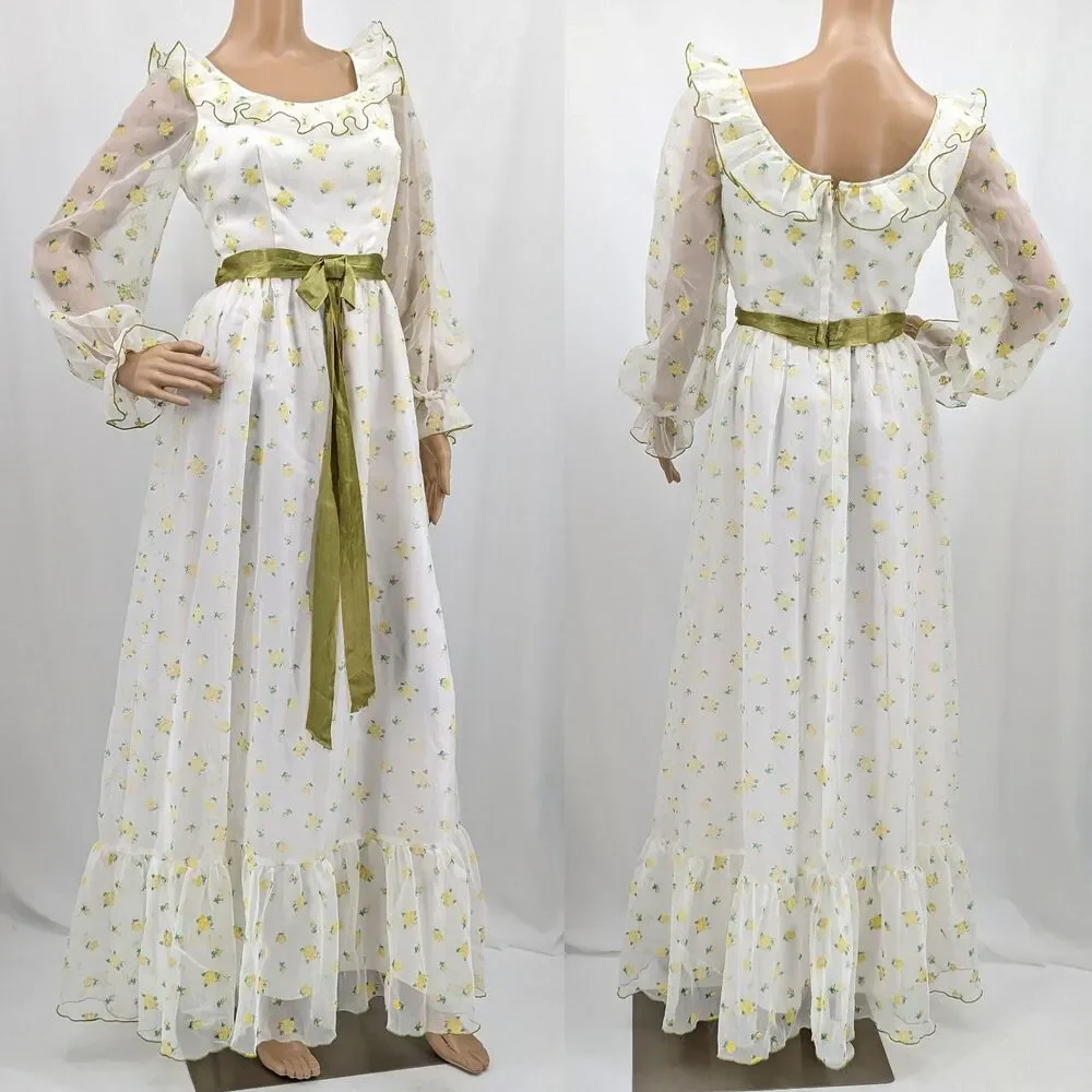 Vintage 70s Montgomery Ward Dress Prairie Gown Floral Velvet Cottage Southern 4 - Picture 16 of 16